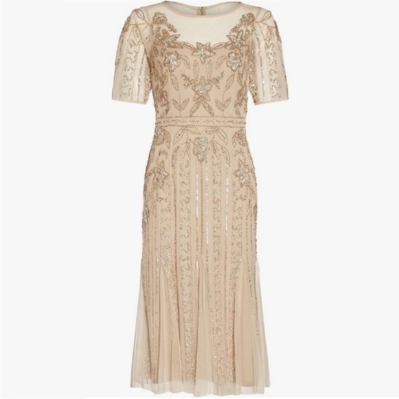 Adrianna Papell Dresses & Skirts - Adrianna Papell Illusion Beaded Mesh Boat Neck Short Sleeve Dress in Biscotti